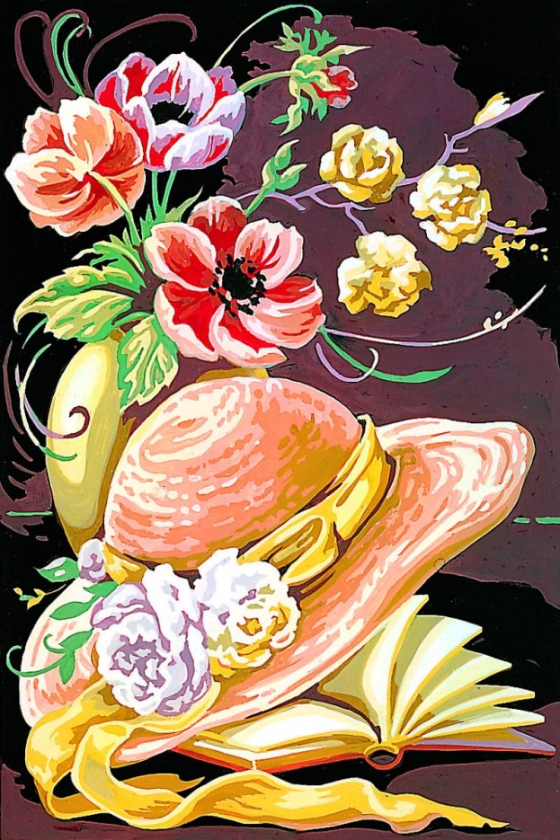 Canevas antique Le chapeau et le livre fleuri 30x40cm