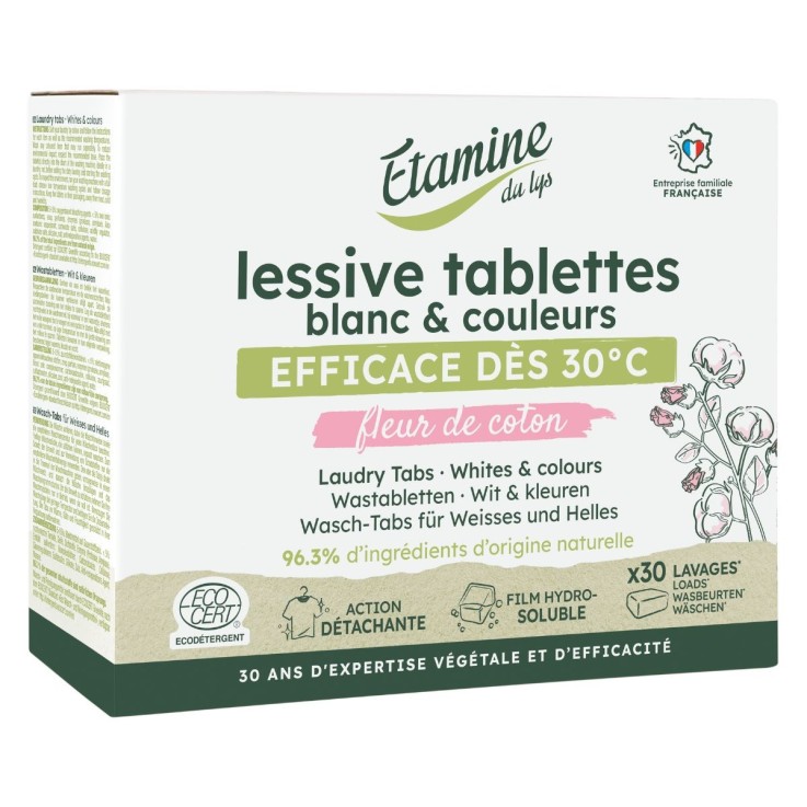 Lessive tablettes blanc & couleurs - Fleur de coton (x30)