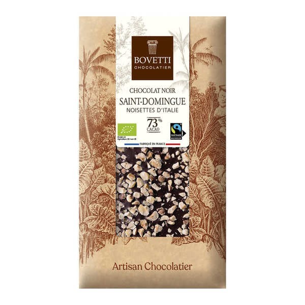 Tablette de chocolat noir Bio aux noisettes d'Italie origine Saint-Domingue 73% - Tablette de 100g
