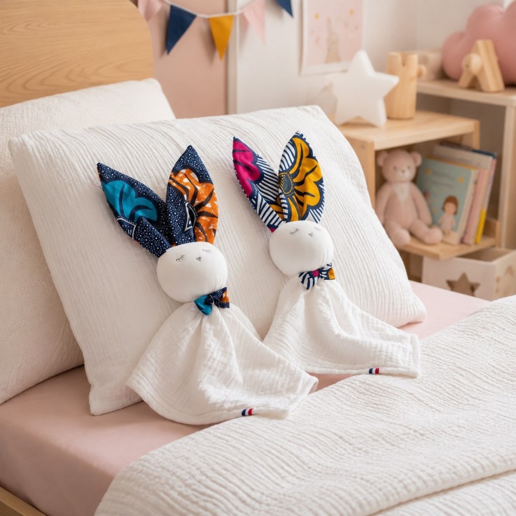 Doudou lapin  en gaze de coton, Wax