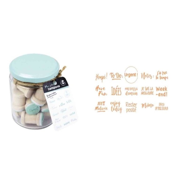 MégaCréa DIY - Tampon en bois Mots du quotidien 1,8 cm bocal 15 pièces