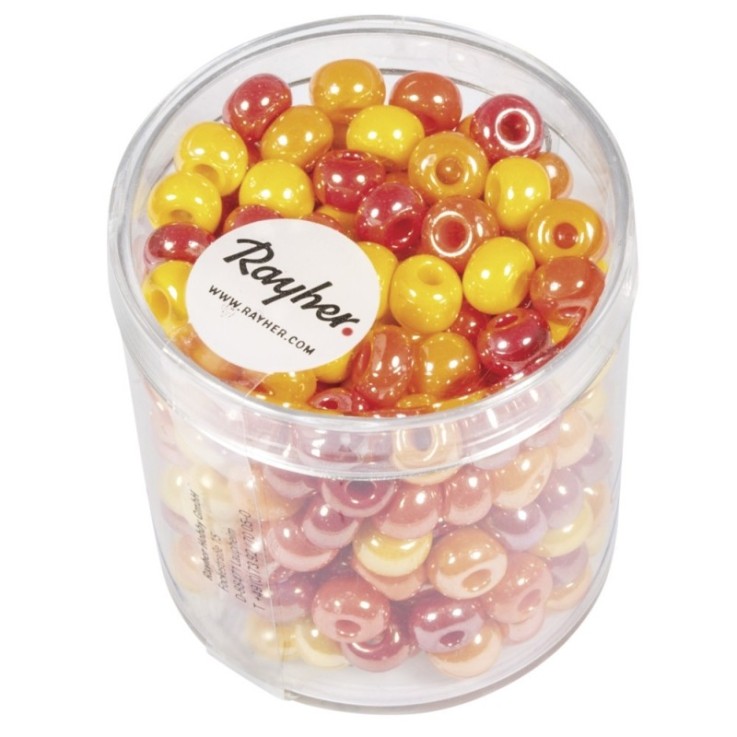Perle à  grand trou en verre, opaque, rouge, jaune, 6 mm, boîte 55 g