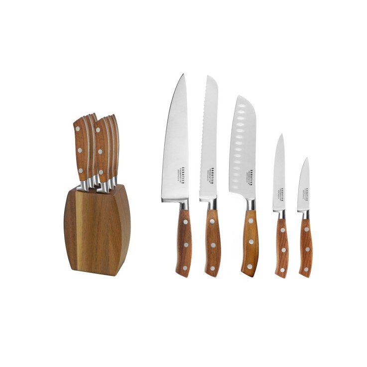 Set 5 couteaux de cuisine avec bloc acacia 6 couteaux steak en inox