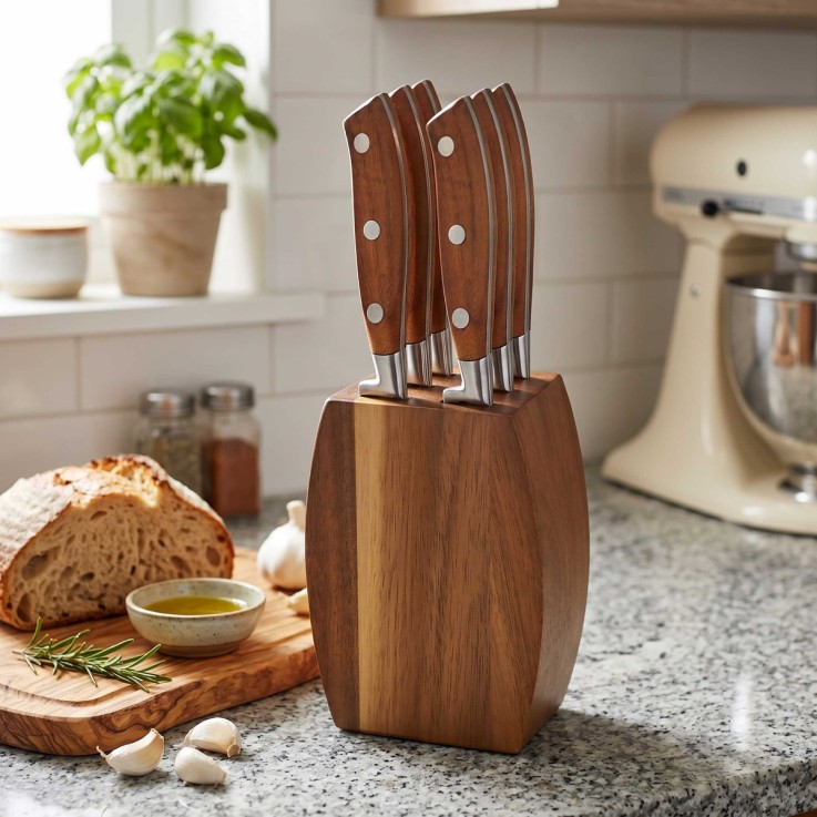 Set 5 couteaux de cuisine avec bloc acacia 6 couteaux steak en inox