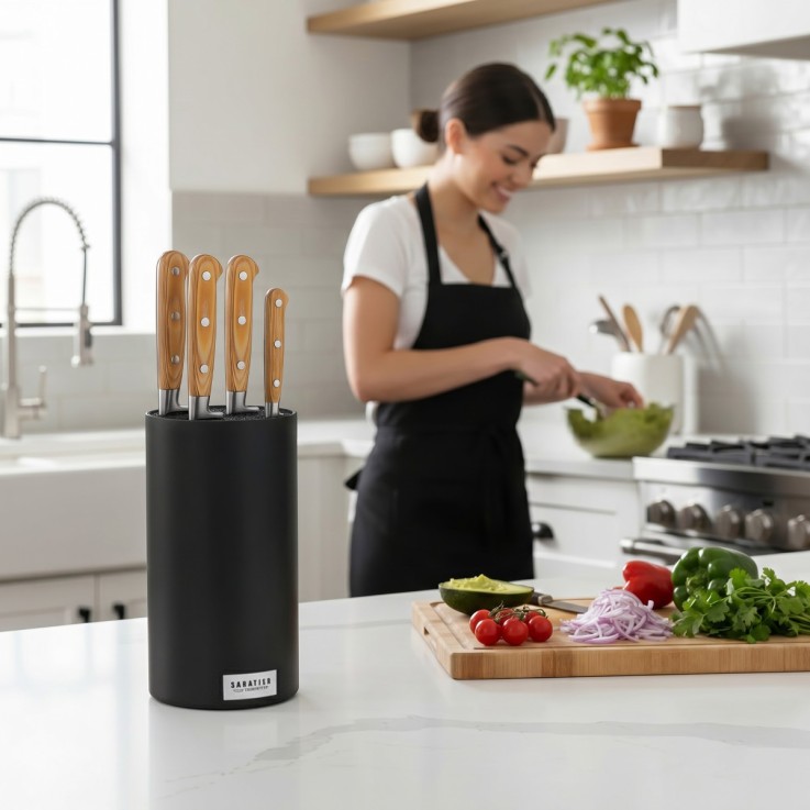 Bloc Noir avec 4 couteaux de cuisine  Essentiel en inox et bois de pakka
