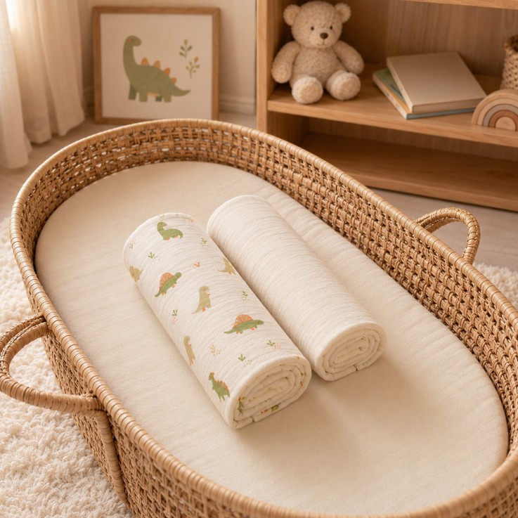 Set de 2 draps housse pour couffin en gaze de coton Dino