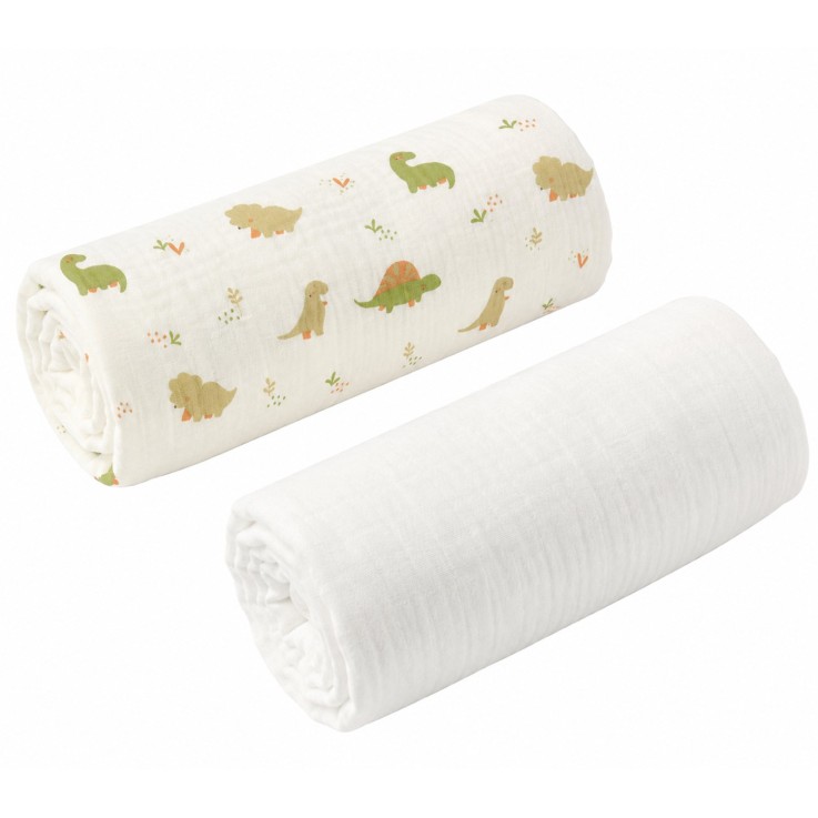 Set de 2 draps housse pour couffin en gaze de coton Dino