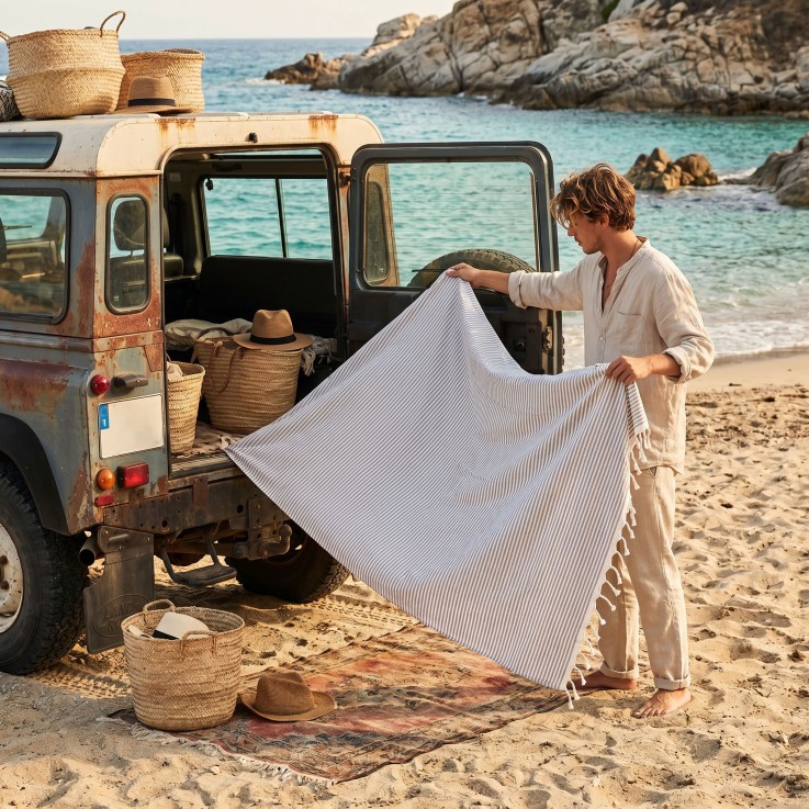 Fouta de plage en coton recyclé anti-sable 1mx2m Ikaria