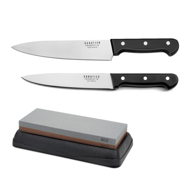 Ensemble de 2 couteaux de cuisine en inox et 1 pierre à aiguiser Universal