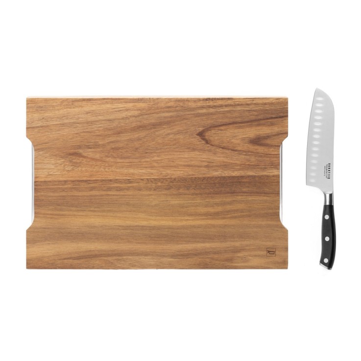 Planche à découper doubles tiroirs 42x28x4cm et Couteau Santoku 18cm