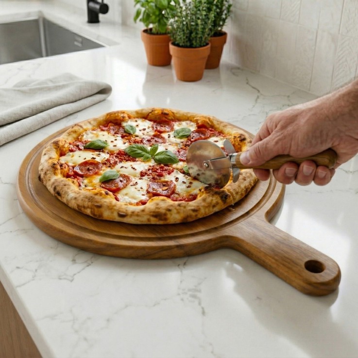 Planche à pizza ronde 33 cm avec rigole et poignée
