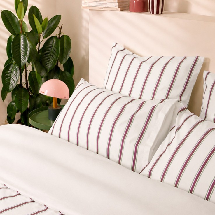 Parure de lit imprimée en percale de coton bio, taies carrées, LA RAYURE BICOLORE