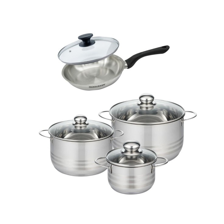 Batterie de cuisine avec 1 poêle 20 cm et 3 faitouts 16/20/24 cm sans PFAS Fackelmann Généva Brillant avec couvercles