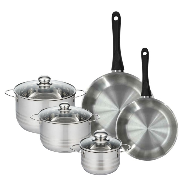 Batterie de cuisine avec 2 poêles 24/28 cm et 3 faitouts 16/20/24 cm en inox sans PFAS Fackelmann Généva Brillant