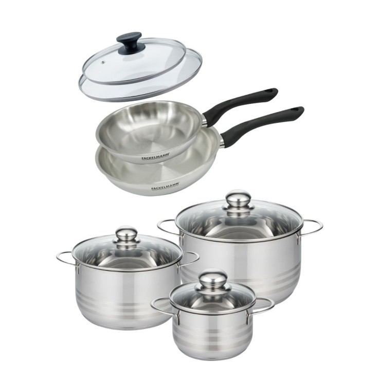 Batterie de cuisine avec 2 poêles 20/24 cm et 3 faitouts 16/20/24 cm sans PFAS Fackelmann Généva Brillant avec couvercles