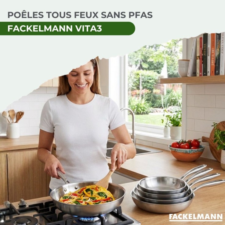 3 poêles 20 26 et 28 cm inox 18/10 Triply Fackelmann Vita3
