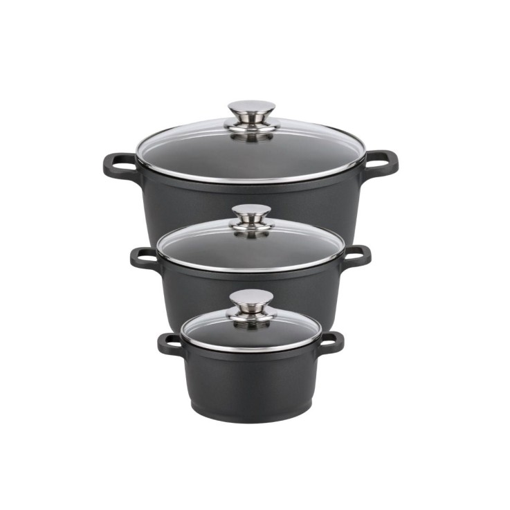 Set de 3 faitouts 16 cm 20 cm et 24 cm sans PFAS avec couvercles en verre Elo Alucast