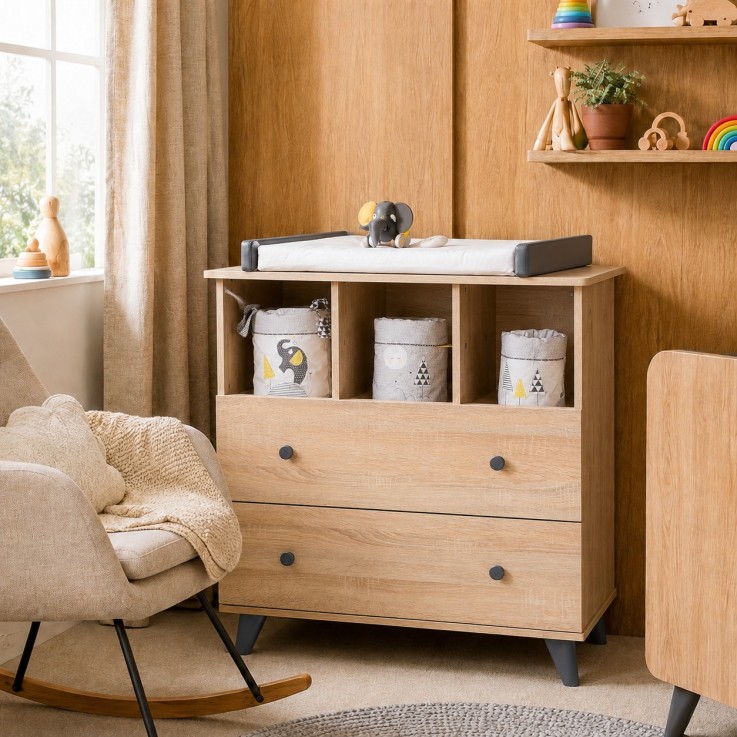 Commode à langer 2 tiroirs et 3 niches décor bois chêne  L 55,5 cm x P 76 cm