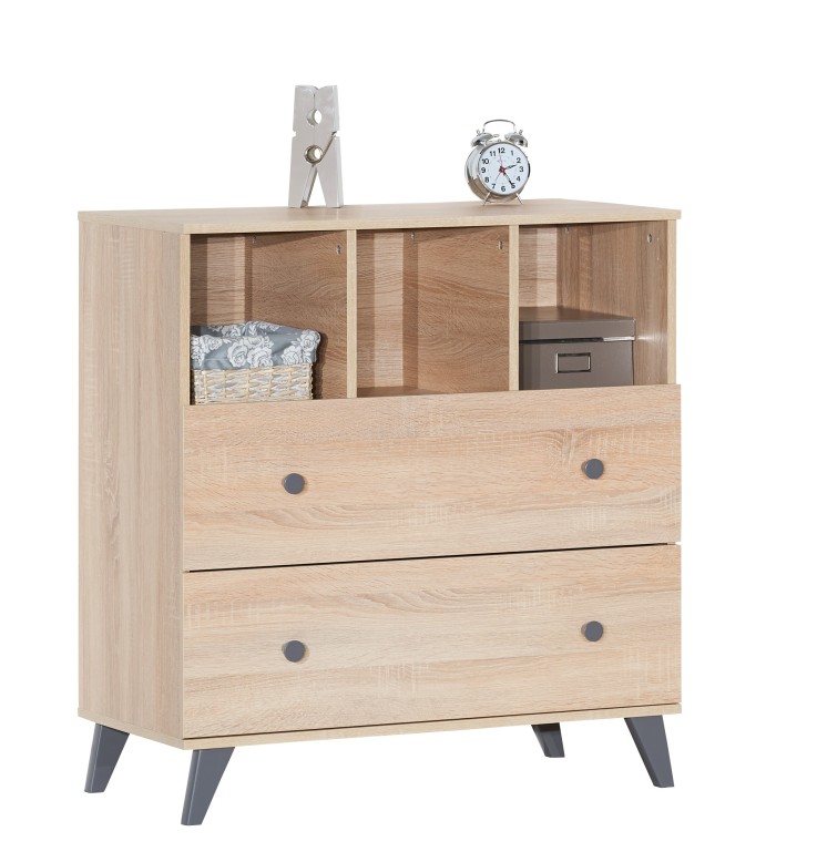 Commode à langer 2 tiroirs et 3 niches décor bois chêne  L 55,5 cm x P 76 cm