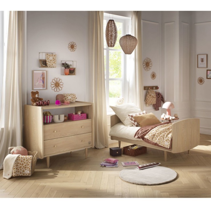 Chambre bébé duo évolutive My Love, Lit 140x70 évolutif et Commode à langer 2 tiroirs - Chêne Vintage