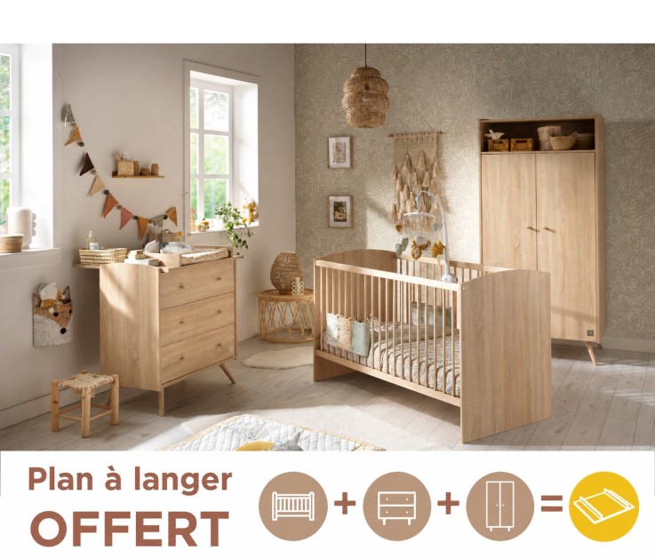 Chambre bébé trio: Lit bébé 70x140 évolutif, commode à langer 3 tiroirs et armoire 2 portes décor bois chêne