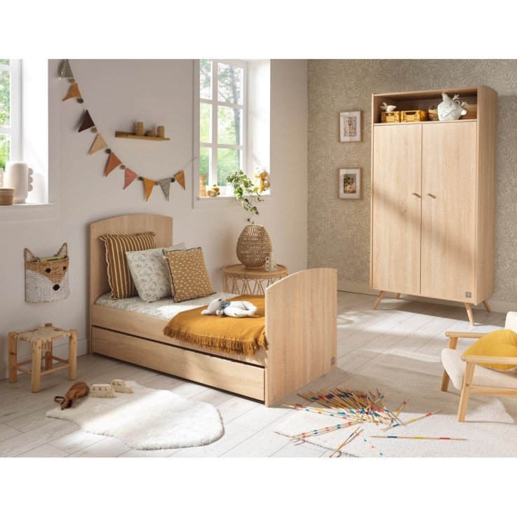 Chambre bébé trio: Lit bébé 70x140 évolutif, commode à langer 3 tiroirs et armoire 2 portes décor bois chêne