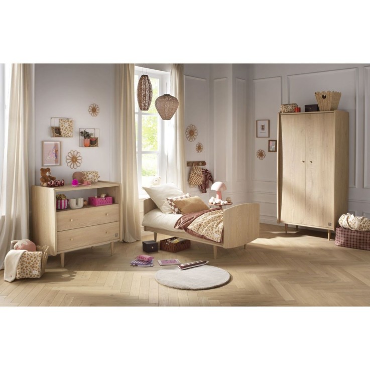 Chambre bébé trio évolutive My Love, Lit 140x70 évolutif Commode à langer 2 tiroirs et armoire - Chêne Vintage