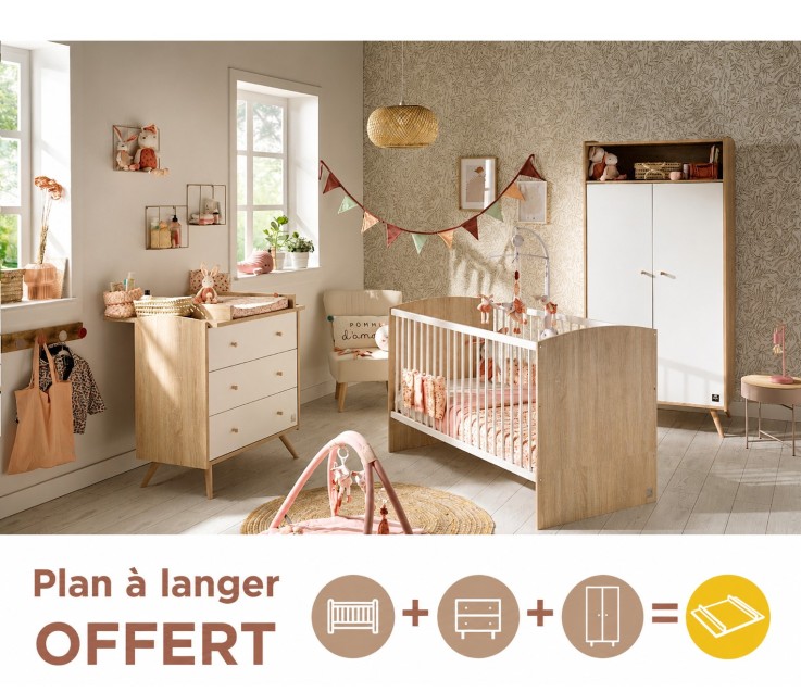 Chambre bébé trio: Lit bébé 70x140 évolutif, commode à langer 3 tiroirs et armoire 2 portes décor bois chêne et blanc