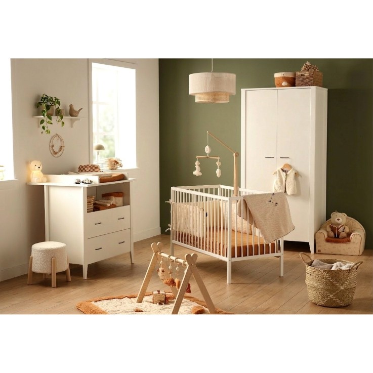 Chambre bébé 3 pièces Angèle, Lit bébé 120x60 à barreaux, Commode à langer, armoire 2 portes