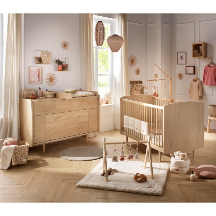 Chambre bébé évolutive My Love, Lit 140x70 évolutif et Commode à langer - Chêne Vintage