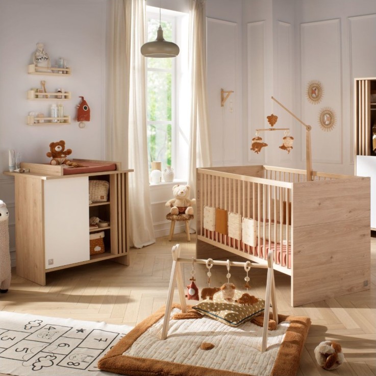 Chambre bébé évolutive Tokyo, Lit évolutif et Commode à langer claustra - Chêne suave
