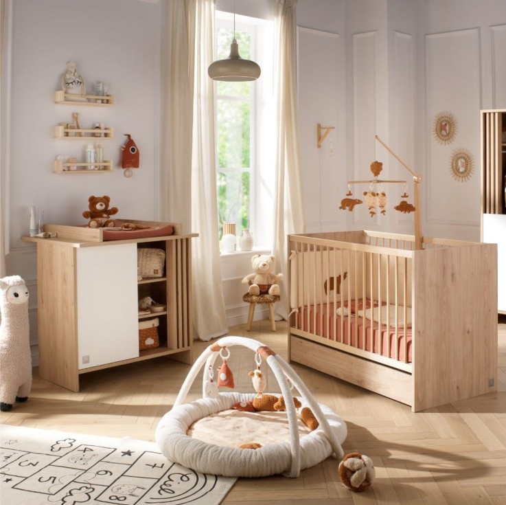 Chambre bébé complète Tokyo - Lit et Commode à langer claustra - Chêne suave