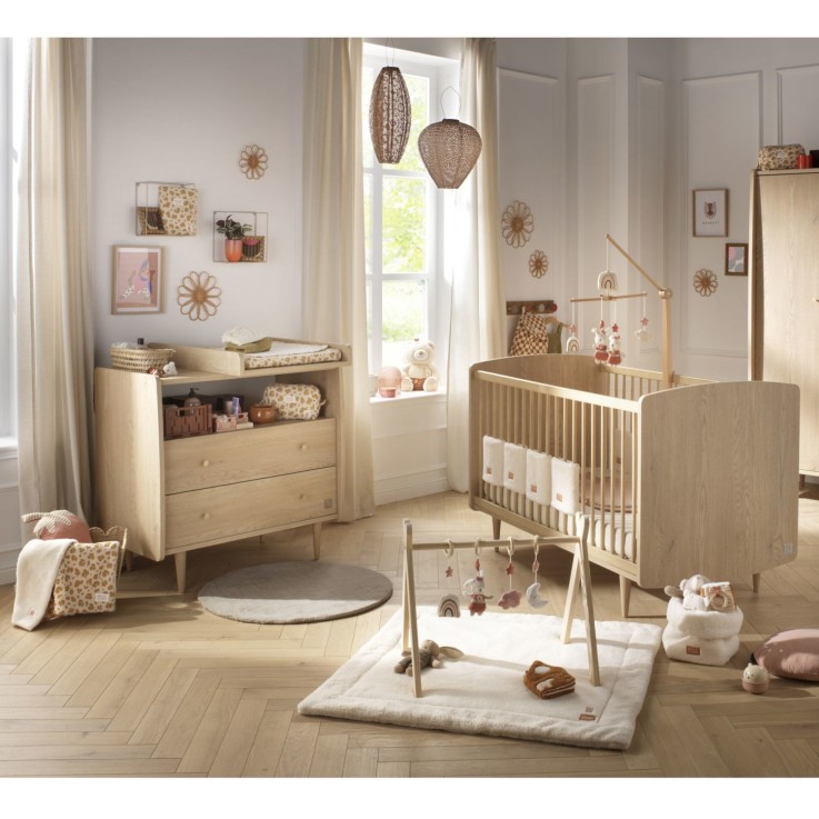 Chambre bébé duo évolutive My Love, Lit 140x70 évolutif et Commode à langer 2 tiroirs - Chêne Vintage