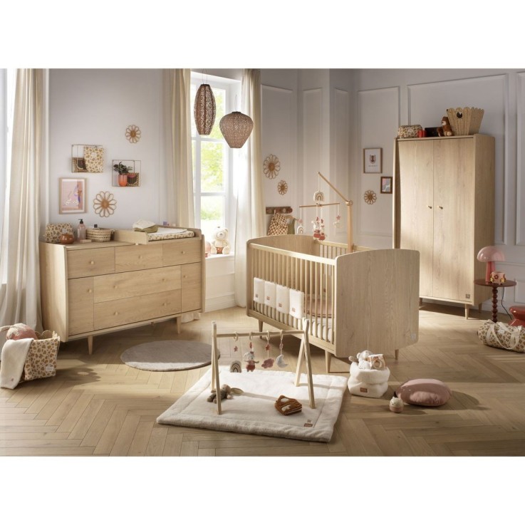 Chambre bébé trio évolutive My Love, Lit 140x70 évolutif Commode à langer XXL et armoire - Chêne Vintage