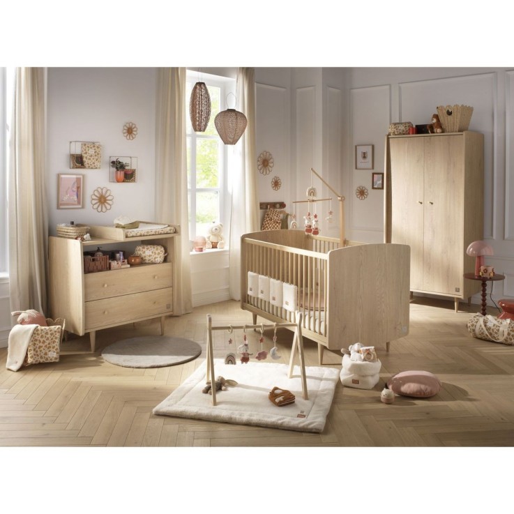 Chambre bébé trio évolutive My Love, Lit 140x70 évolutif Commode à langer 2 tiroirs et armoire - Chêne Vintage