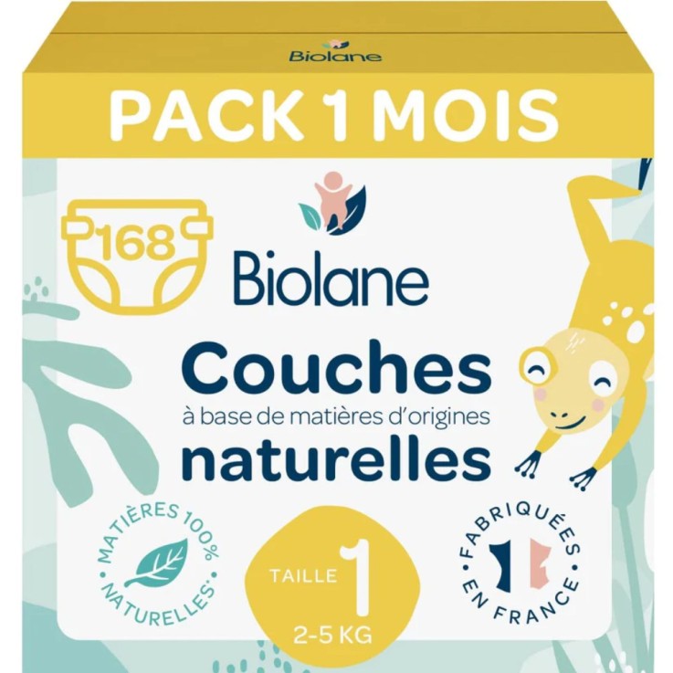 Couches écologiques - Pack 1 mois - Taille 1 (2 à 5 kg) – 168 couches - Matière d'origine naturelle