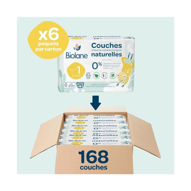 Couches écologiques - Pack 1 mois - Taille 1 (2 à 5 kg) – 168 couches - Matière d'origine naturelle