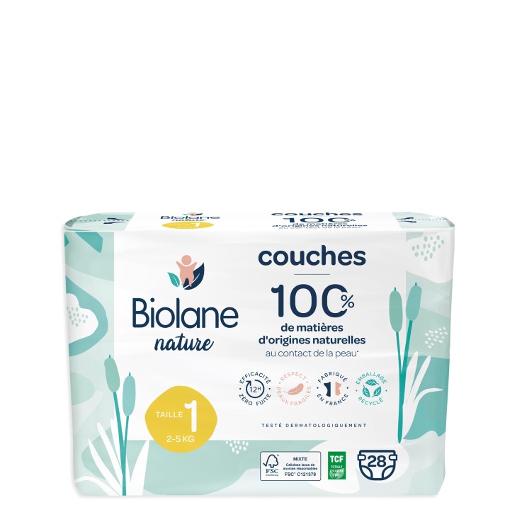 Couches écologiques - Taille 1 (2 à 5 kg) – 28 couches - Matières d'origines naturelles