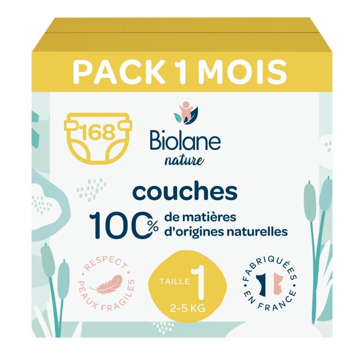 Couches écologiques - Pack 1 mois - Taille 1 (2 à 5 kg) – 168 couches - Matière d'origine naturelle