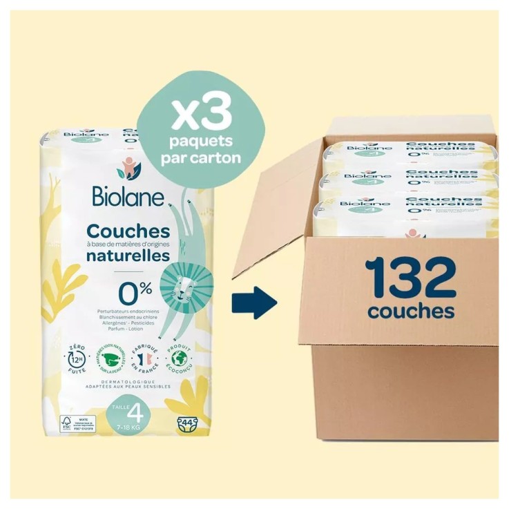 Pack couches taille 4 Biolane - 132 couches - 7 à 18 kg