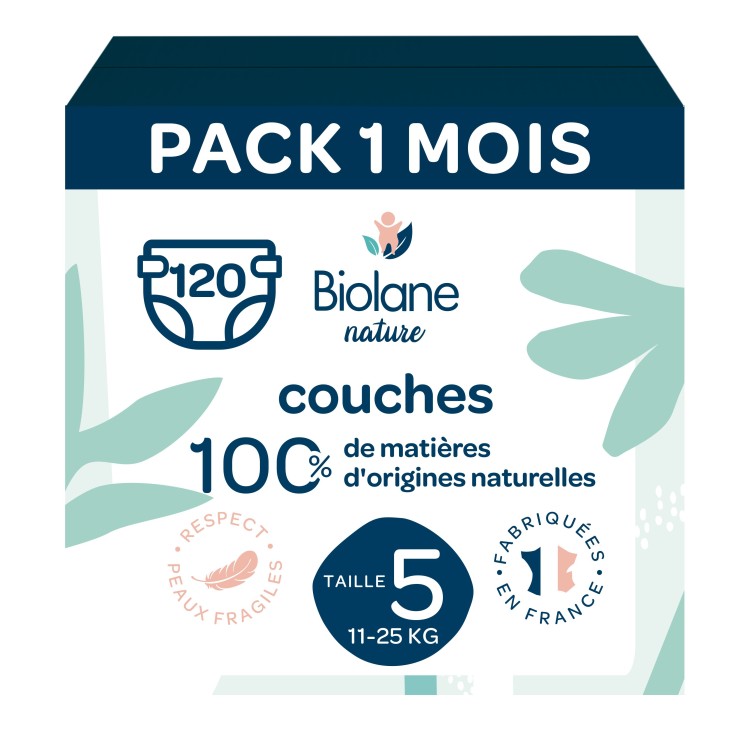 Couches écologiques - Pack 1 mois - Taille 5 (11 à 25 kg) – 120 couches - Matière d'origine naturelle