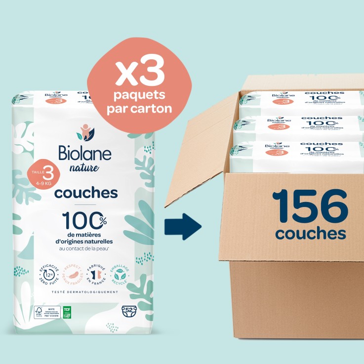 Pack 1 mois - couches taille 3 Biolane - 156 couches - 4 à 9 kg