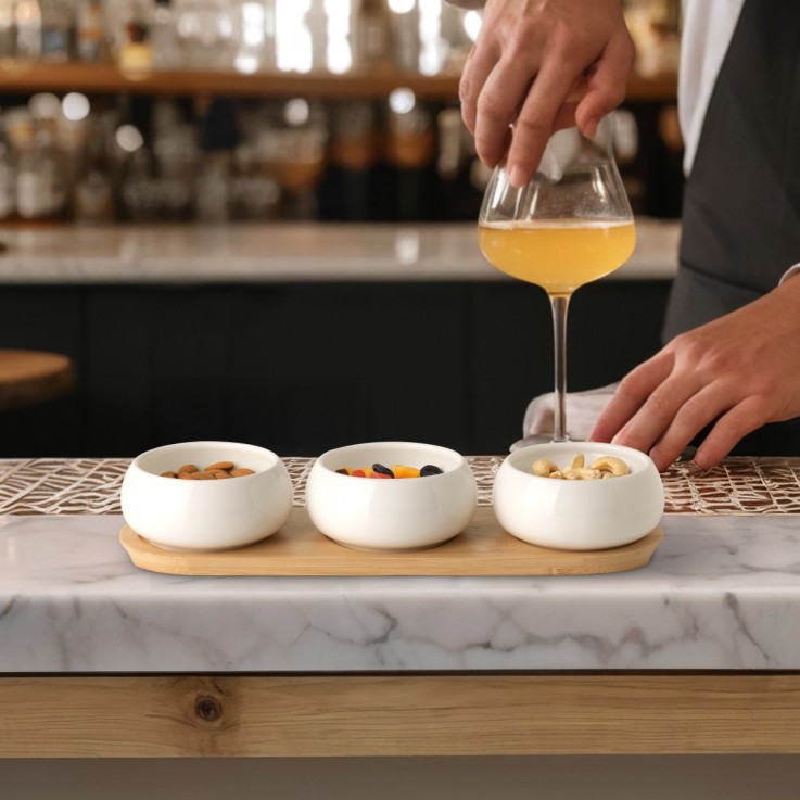 Set de 3 coupelles apéritives en céramique avec plateau en bambou - Tapas