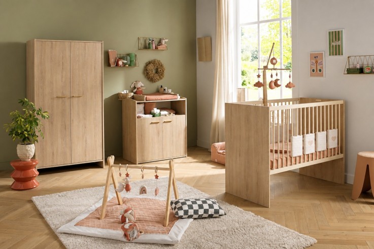 Chambre bébé trio: Lit bébé 60x120 évolutif, commode à langer 2 portes et armoire 2 portes décor bois hêtre