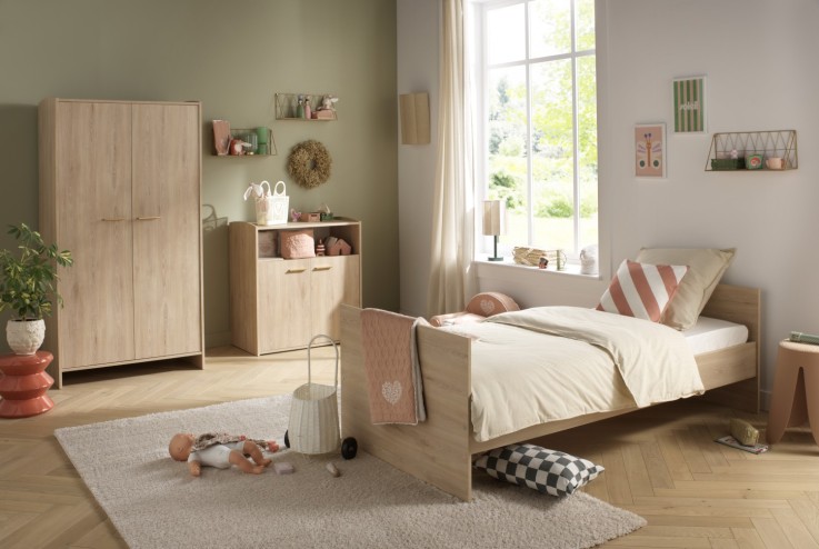 Chambre bébé trio: Lit bébé 60x120 évolutif, commode à langer 2 portes et armoire 2 portes décor bois hêtre