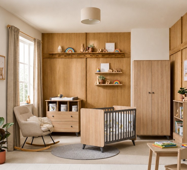 Chambre bébé trio: Lit bébé 60x120, Commode à langer 2 tiroirs et armoire 2 portes décor bois chêne