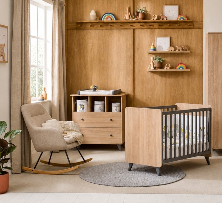 Chambre bébé duo: Lit bébé 60x120 et commode à langer 2 tiroirs décor bois chêne