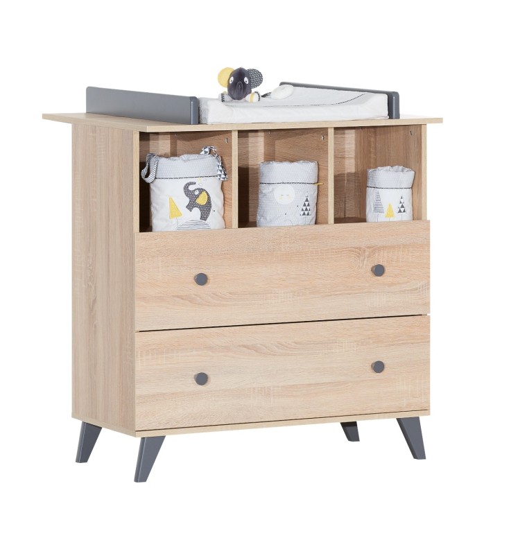 Chambre bébé duo: Lit bébé 60x120 et commode à langer 2 tiroirs décor bois chêne