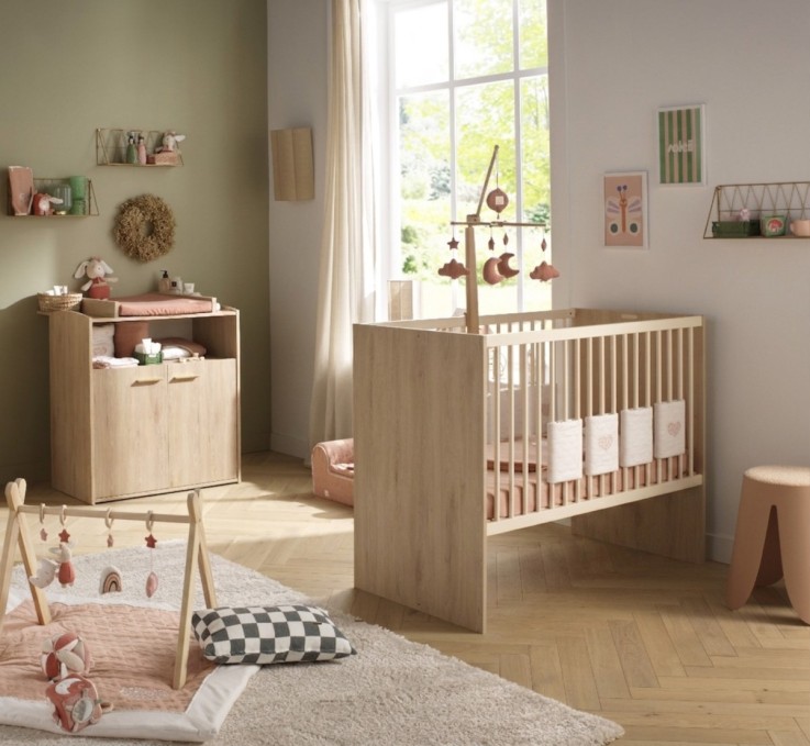 Chambre bébé duo: Lit bébé 60x120 évolutif et commode à langer 2 portes décor bois hêtre