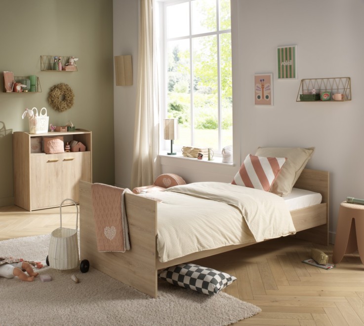 Chambre bébé duo: Lit bébé 60x120 évolutif et commode à langer 2 portes décor bois hêtre